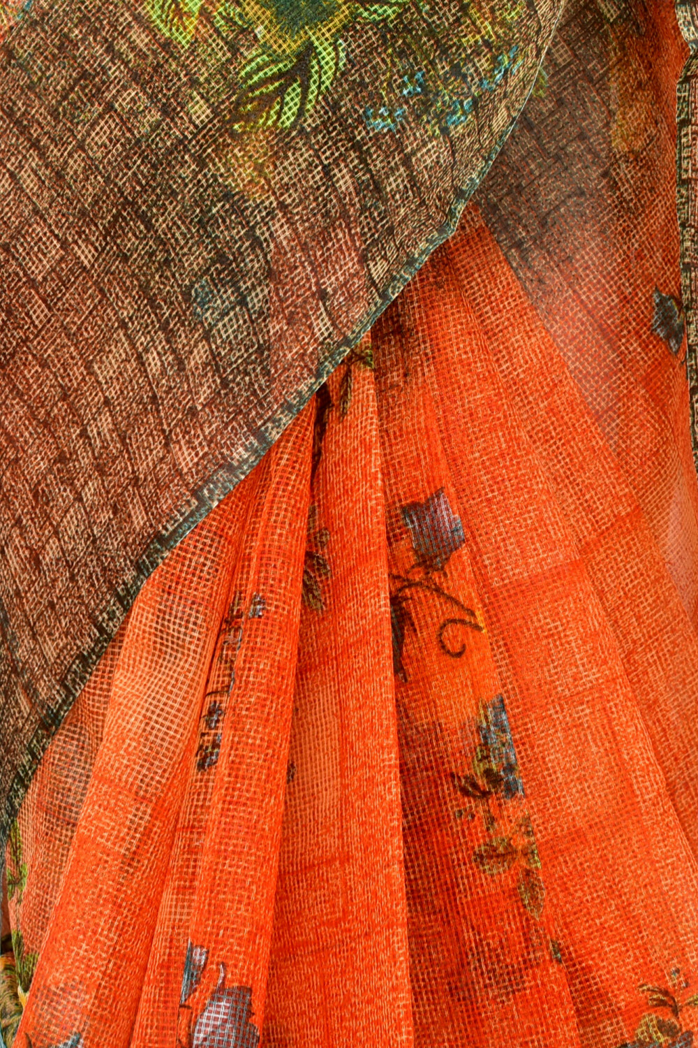 Orange-Coffee Discharge Print Handloom JP Munga Kota Cotton Saree without Blouse 15631