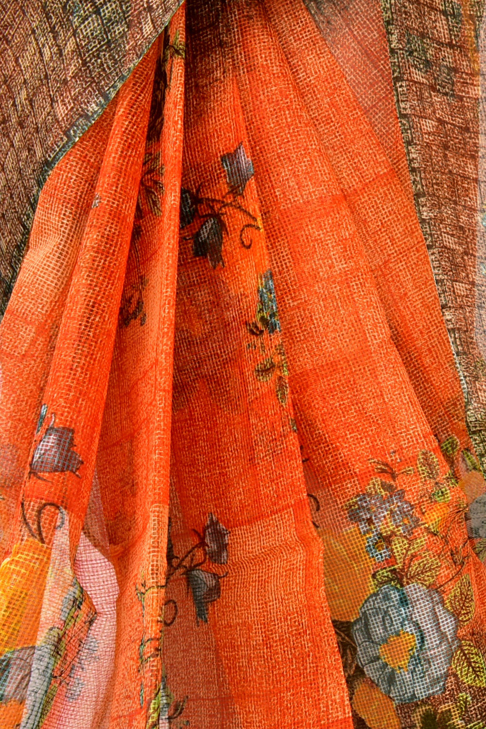 Orange-Coffee Discharge Print Handloom JP Munga Kota Cotton Saree without Blouse 15631