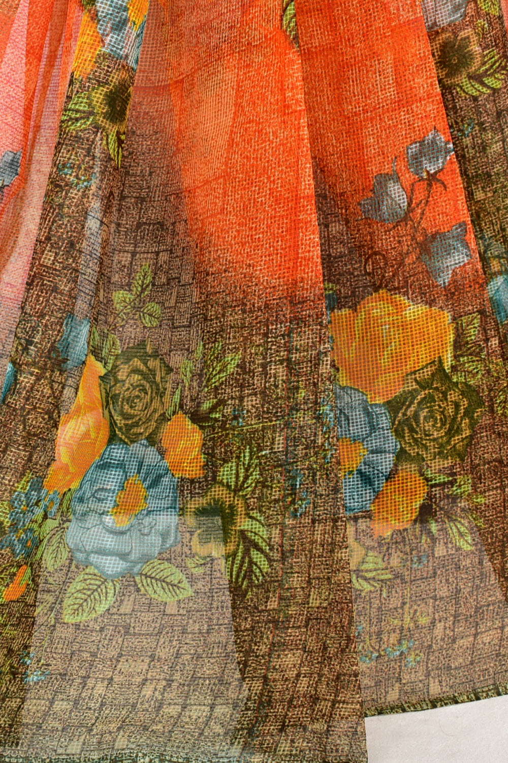 Orange-Coffee Discharge Print Handloom JP Munga Kota Cotton Saree without Blouse 15631