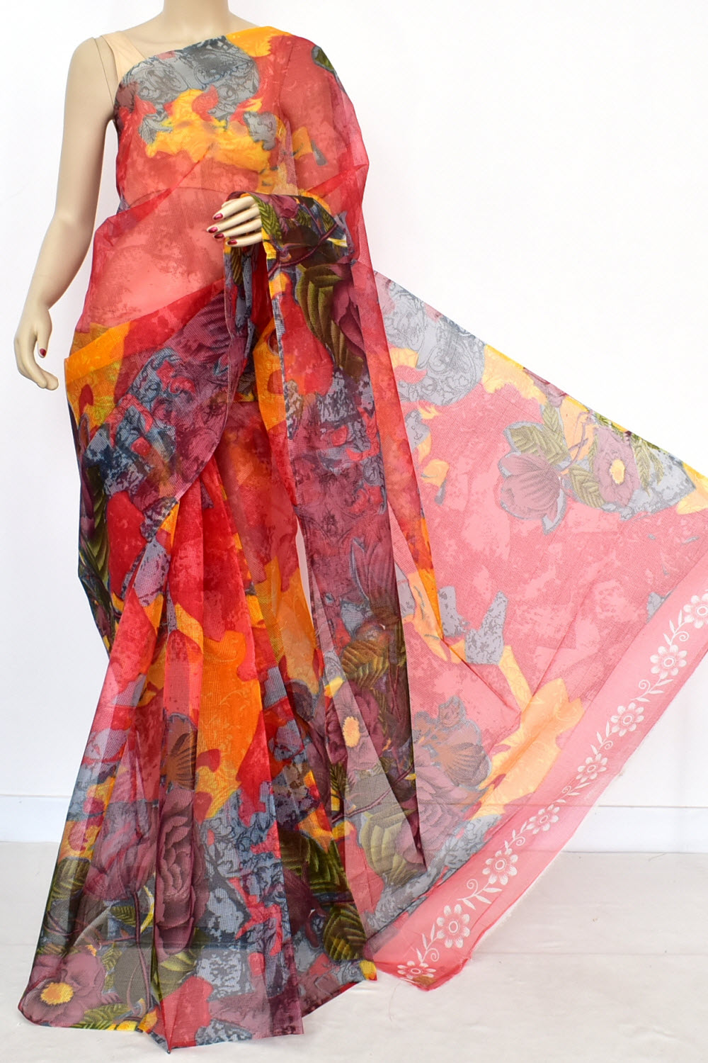 Red-Grey Discharge Print Handloom JP Munga Kota Cotton Saree without Blouse 15633