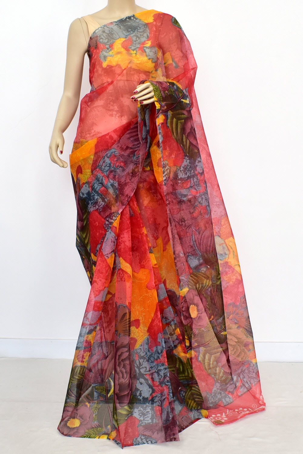 Red-Grey Discharge Print Handloom JP Munga Kota Cotton Saree without Blouse 15633