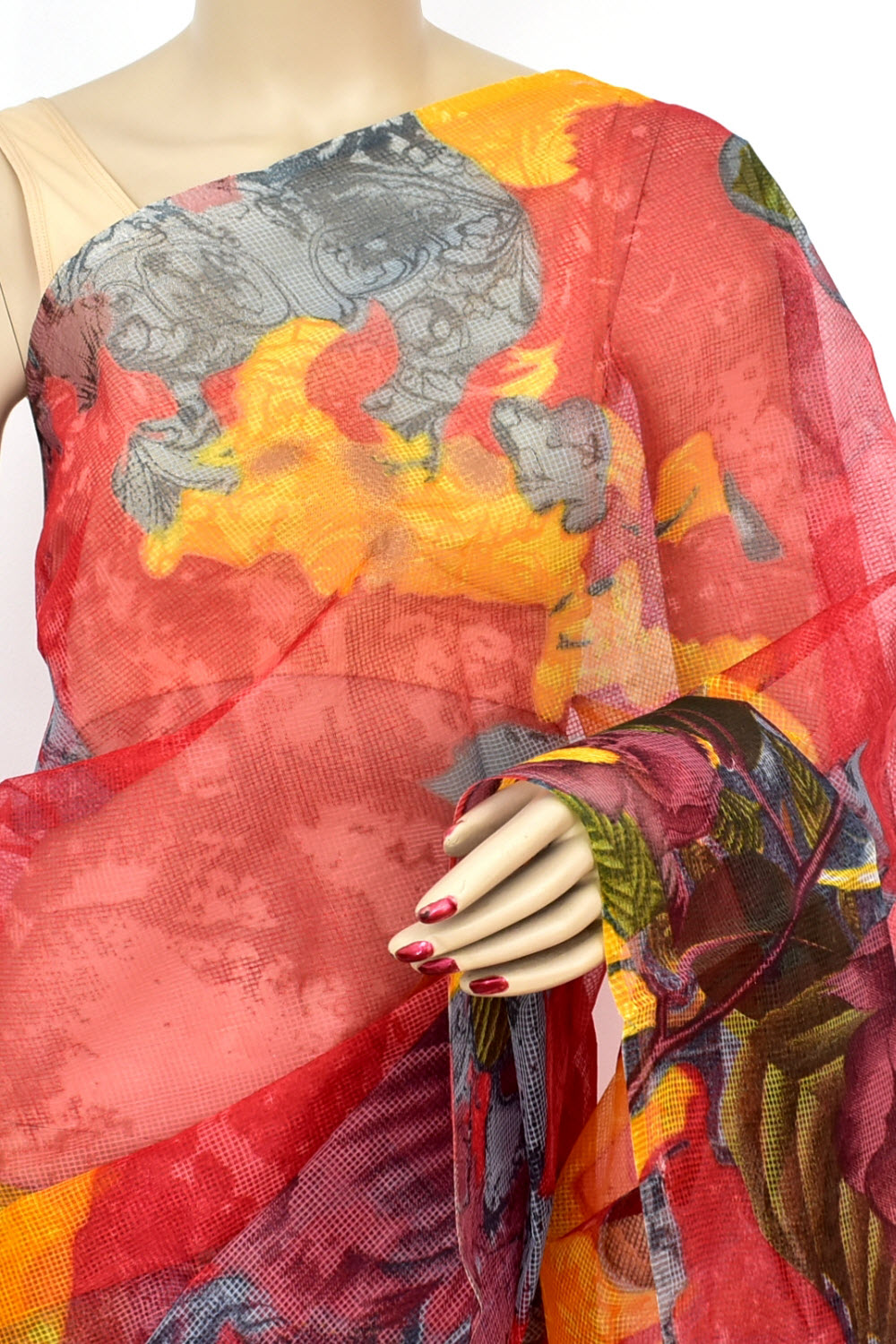 Red-Grey Discharge Print Handloom JP Munga Kota Cotton Saree without Blouse 15633