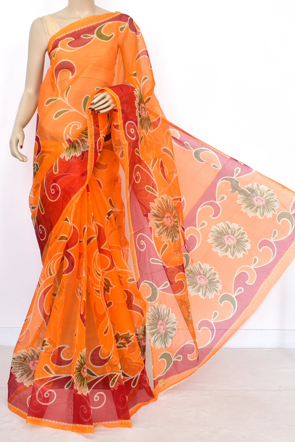 Turmeric Yellow-Red JP Munga Kota Printed Handloom Cotton Saree without Blouse 15636