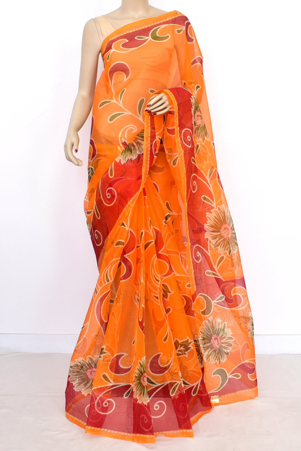 Turmeric Yellow-Red JP Munga Kota Printed Handloom Cotton Saree without Blouse 15636