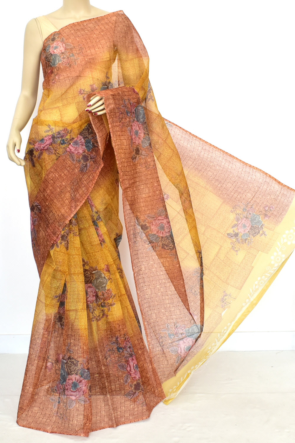 Mustard Yellow-Brown JP Munga Kota Discharge Print Handloom Cotton Saree without Blouse 15641
