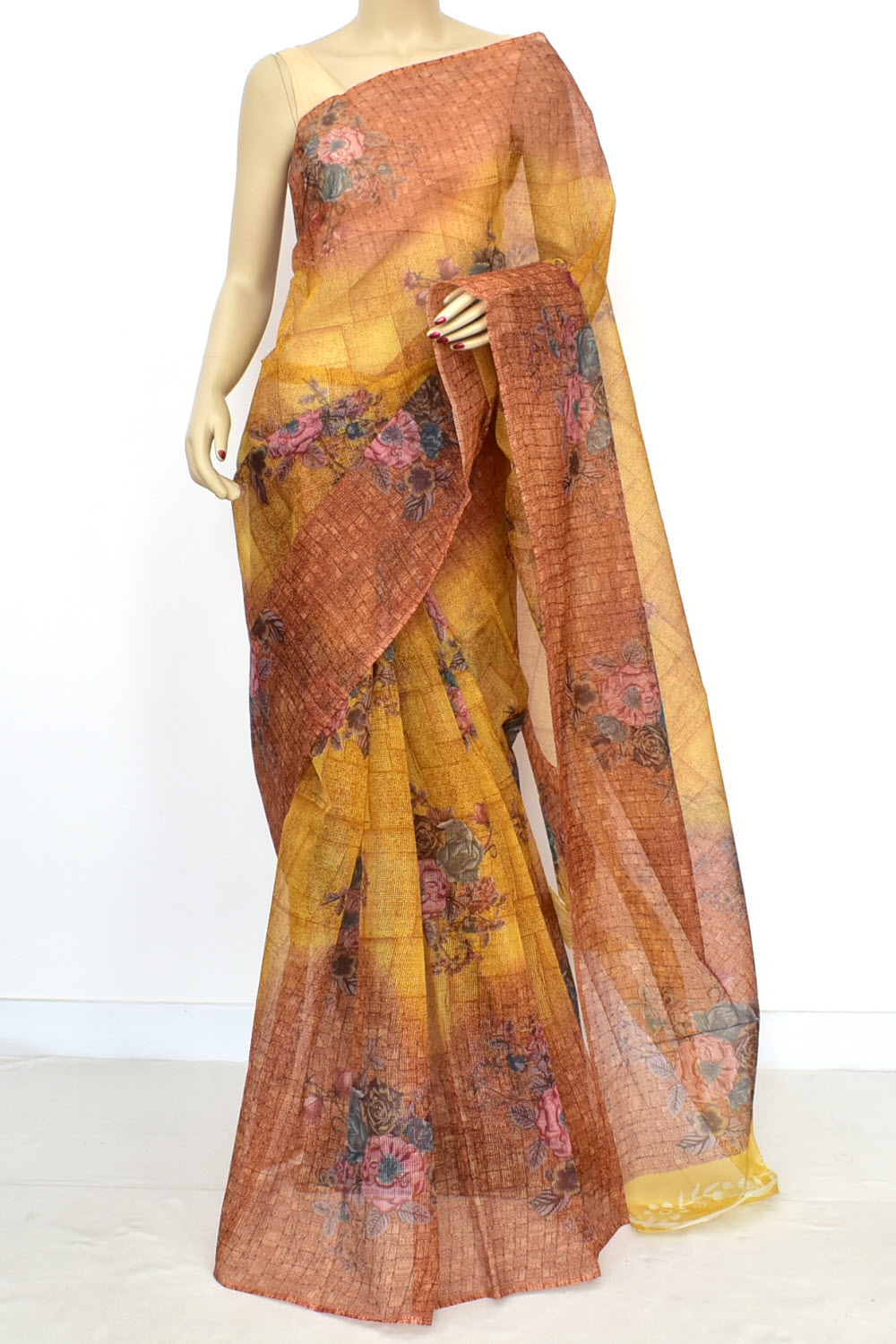 Mustard Yellow-Brown JP Munga Kota Discharge Print Handloom Cotton Saree without Blouse 15641