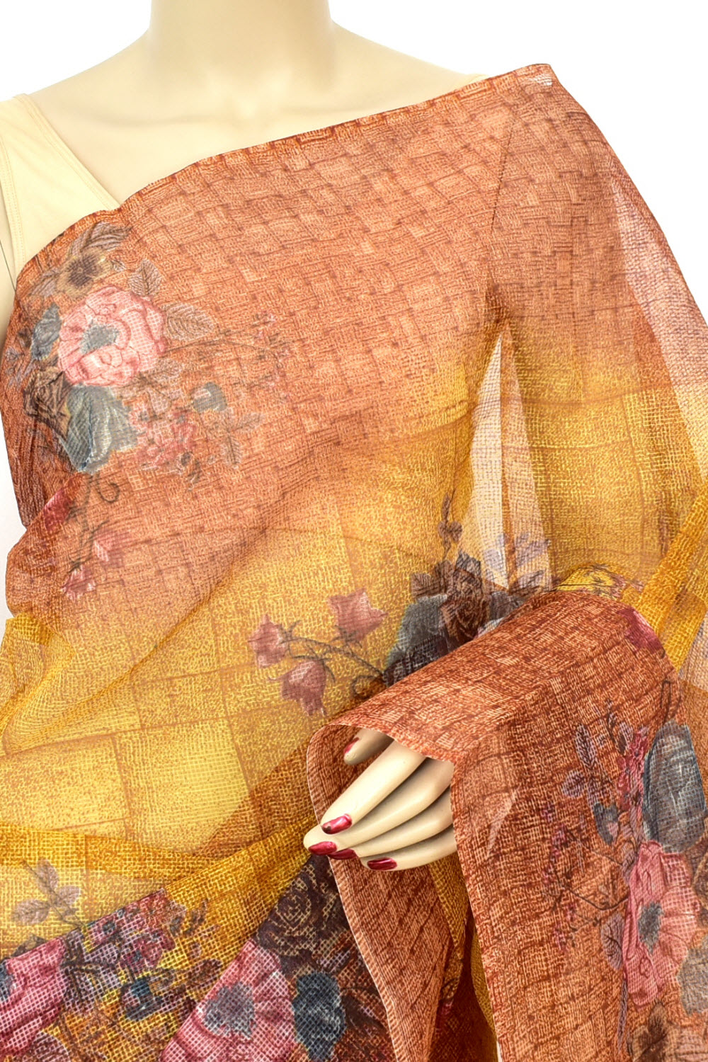 Mustard Yellow-Brown JP Munga Kota Discharge Print Handloom Cotton Saree without Blouse 15641