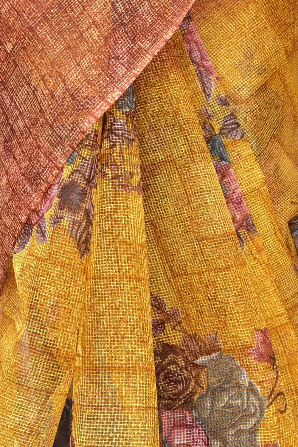 Mustard Yellow-Brown JP Munga Kota Discharge Print Handloom Cotton Saree without Blouse 15641
