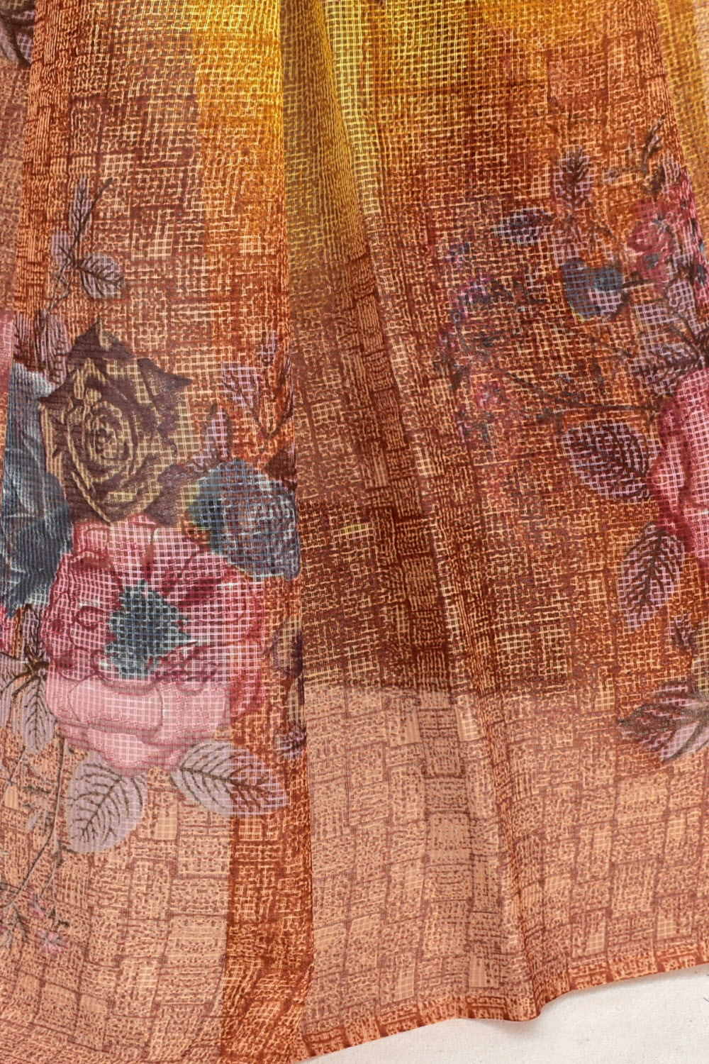 Mustard Yellow-Brown JP Munga Kota Discharge Print Handloom Cotton Saree without Blouse 15641