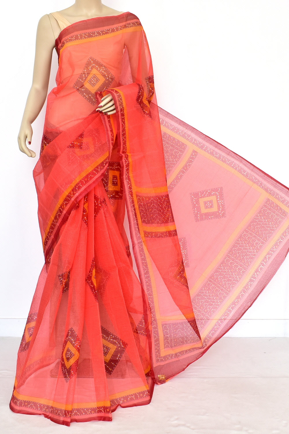 Peach Chunri Print Handloom JP Munga Kota Cotton Saree without Blouse 15646