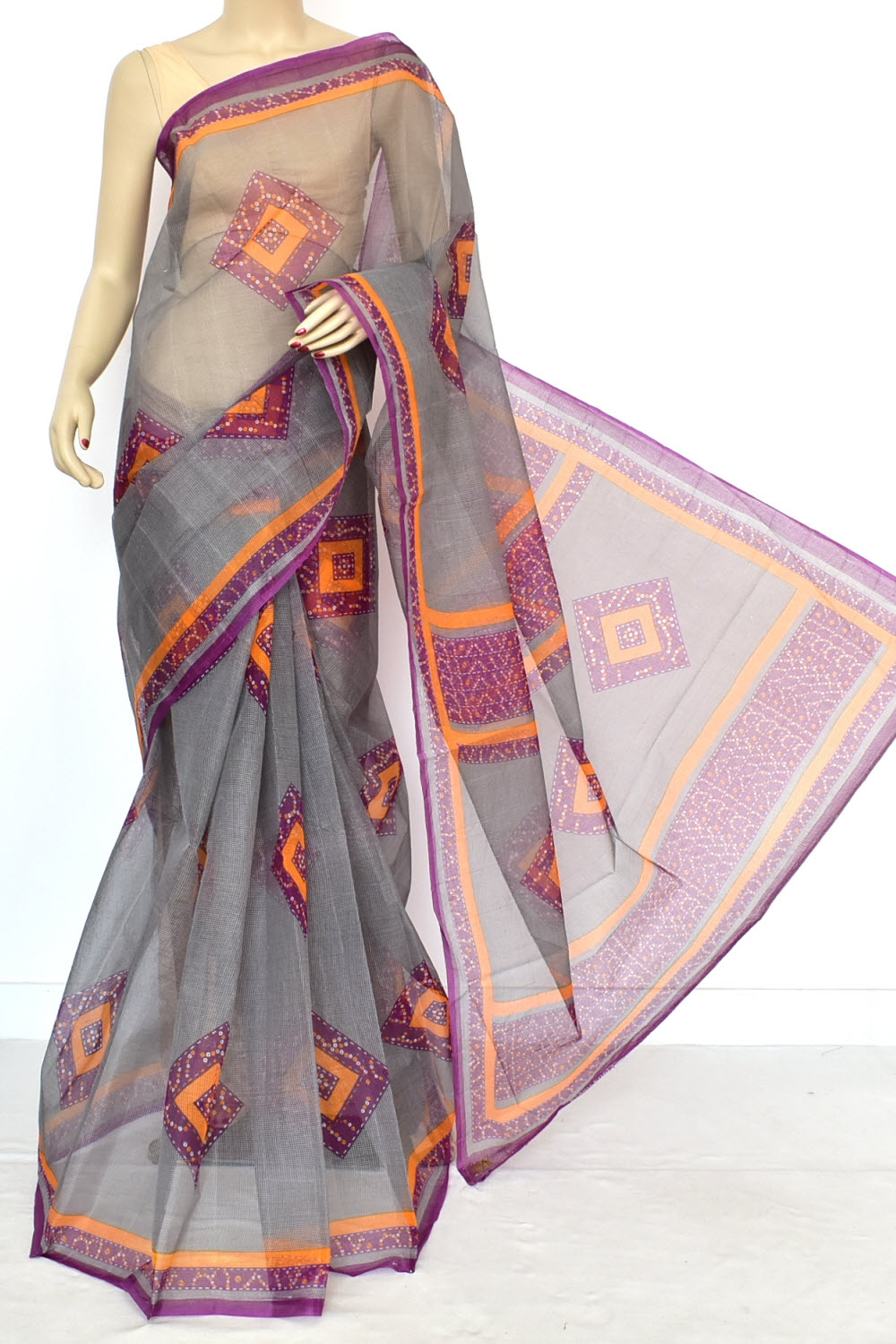 Grey Chunri Print Handloom JP Munga Kota Cotton Saree without Blouse 15647