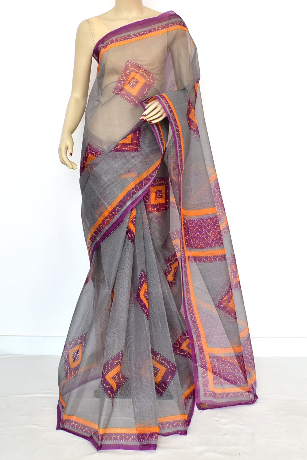 Grey Chunri Print Handloom JP Munga Kota Cotton Saree without Blouse 15647