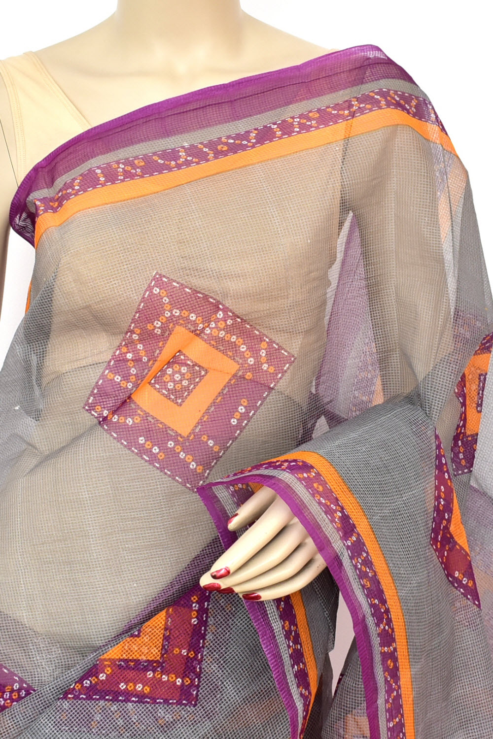 Grey Chunri Print Handloom JP Munga Kota Cotton Saree without Blouse 15647