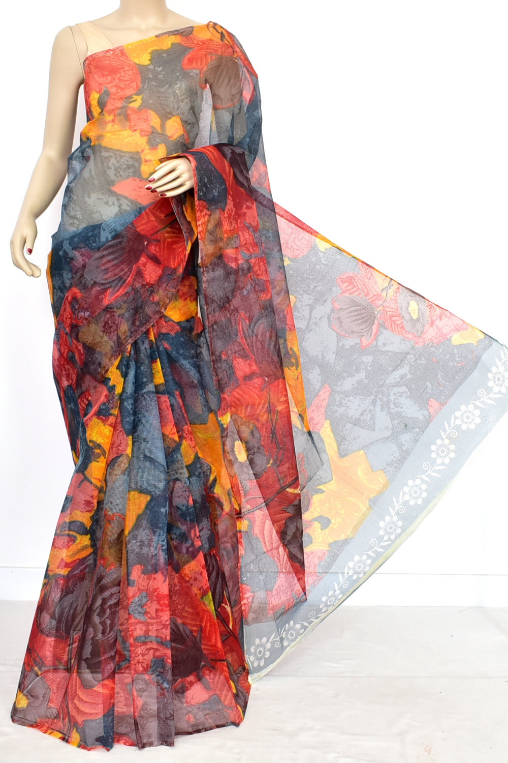 Grey-Yellow-Red JP Munga Kota Discharge Print Handloom Cotton Saree without Blouse 15650