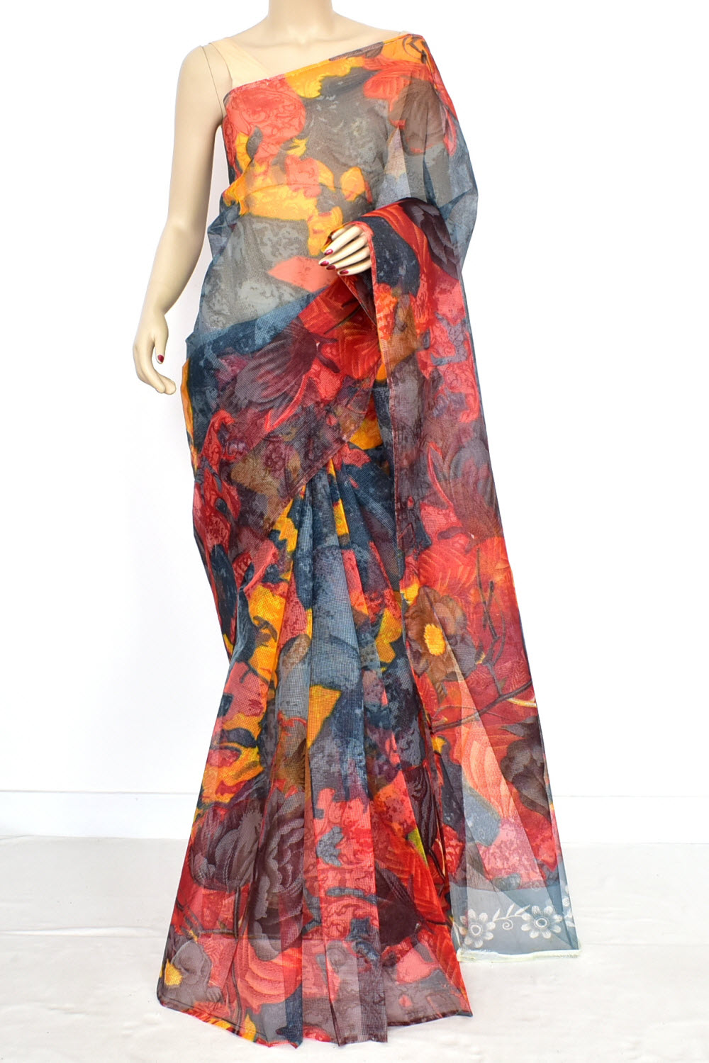 Grey-Yellow-Red JP Munga Kota Discharge Print Handloom Cotton Saree without Blouse 15650