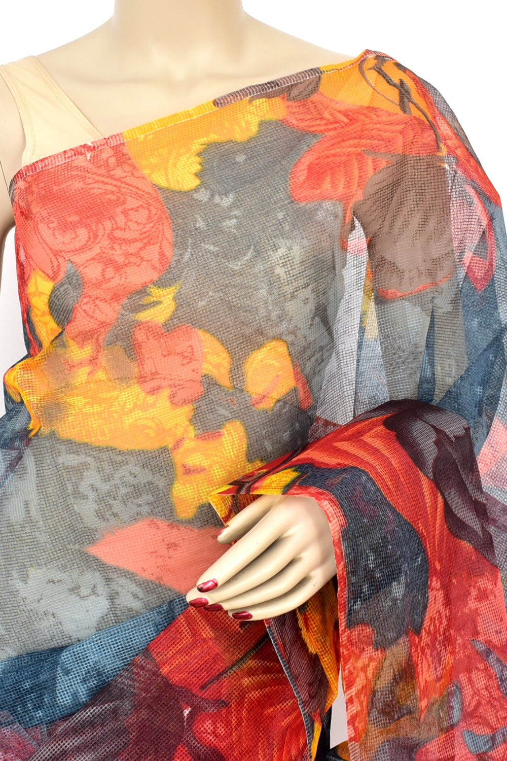 Grey-Yellow-Red JP Munga Kota Discharge Print Handloom Cotton Saree without Blouse 15650