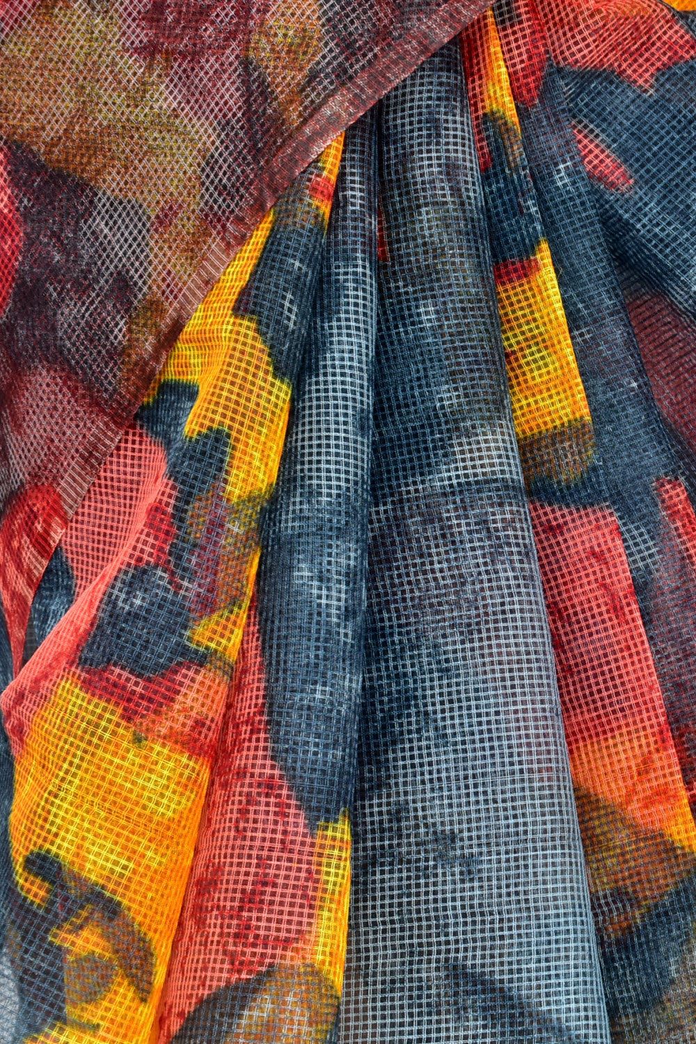 Grey-Yellow-Red JP Munga Kota Discharge Print Handloom Cotton Saree without Blouse 15650