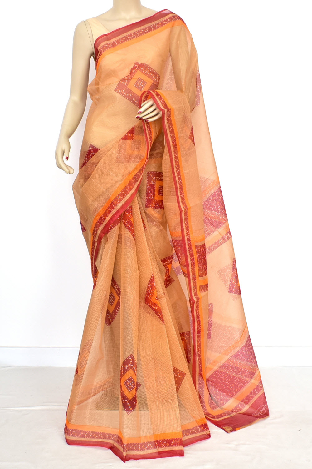 Fawn Chunri Print Handloom JP Munga Kota Cotton Saree without Blouse 15651
