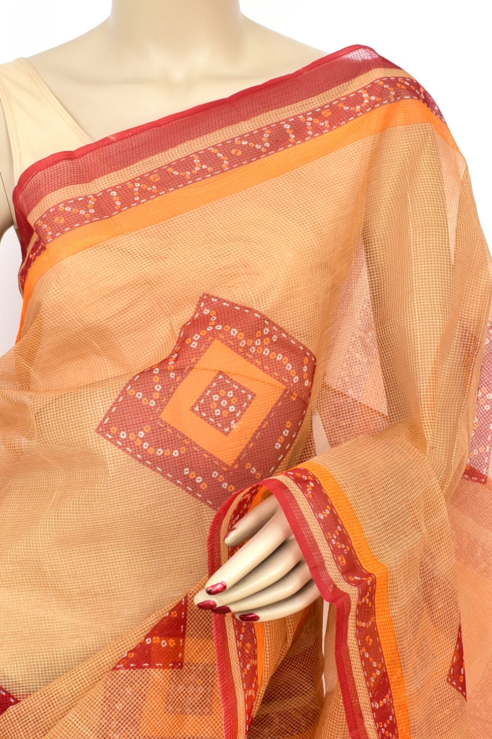 Fawn Chunri Print Handloom JP Munga Kota Cotton Saree without Blouse 15651