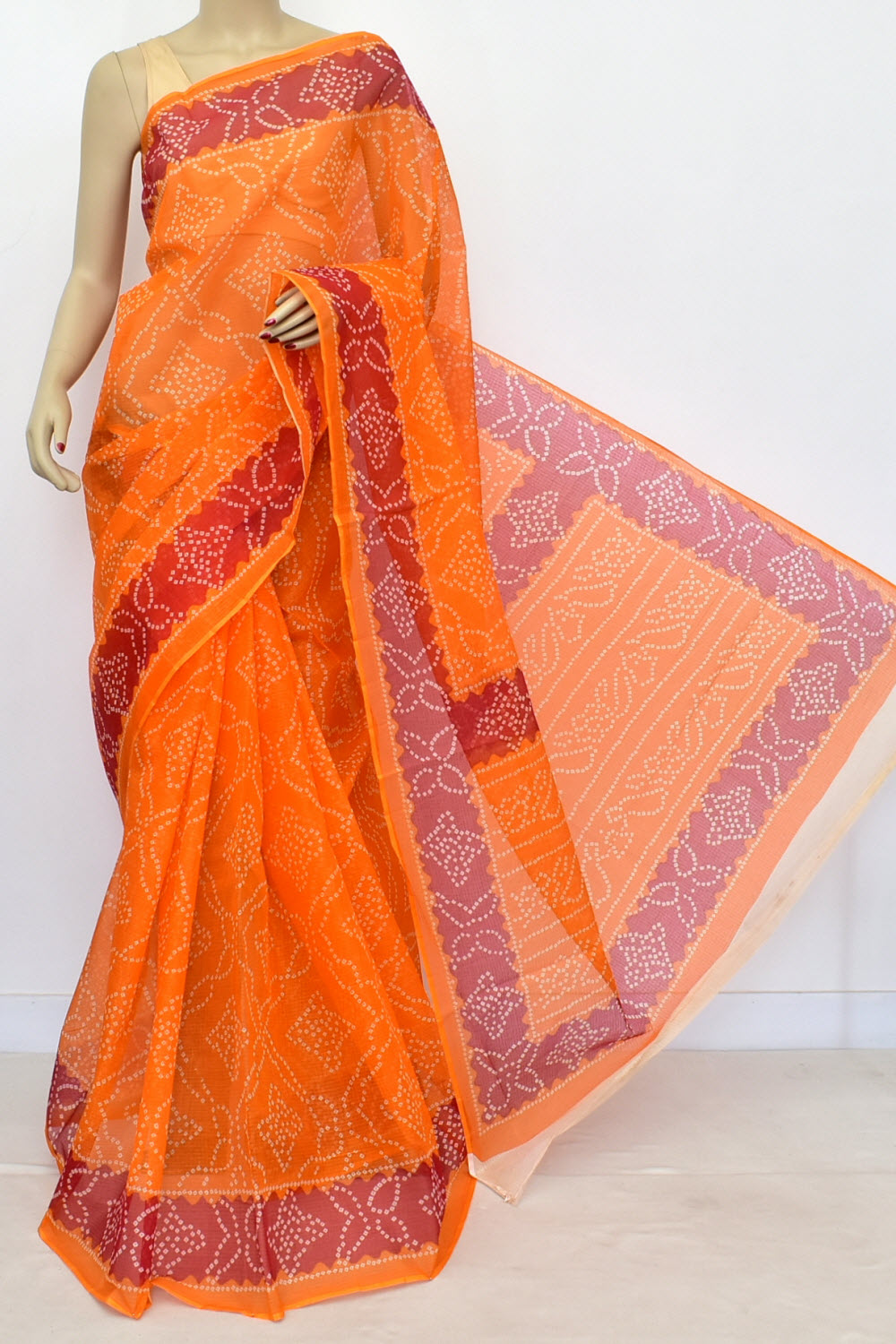 Orange Kota Doria Chunri Print Handloom Pure Cotton Saree without Blouse 15653