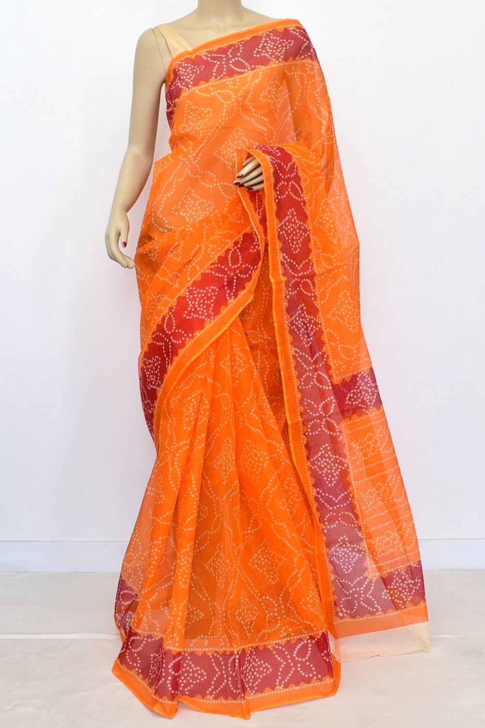 Orange Kota Doria Chunri Print Handloom Pure Cotton Saree without Blouse 15653