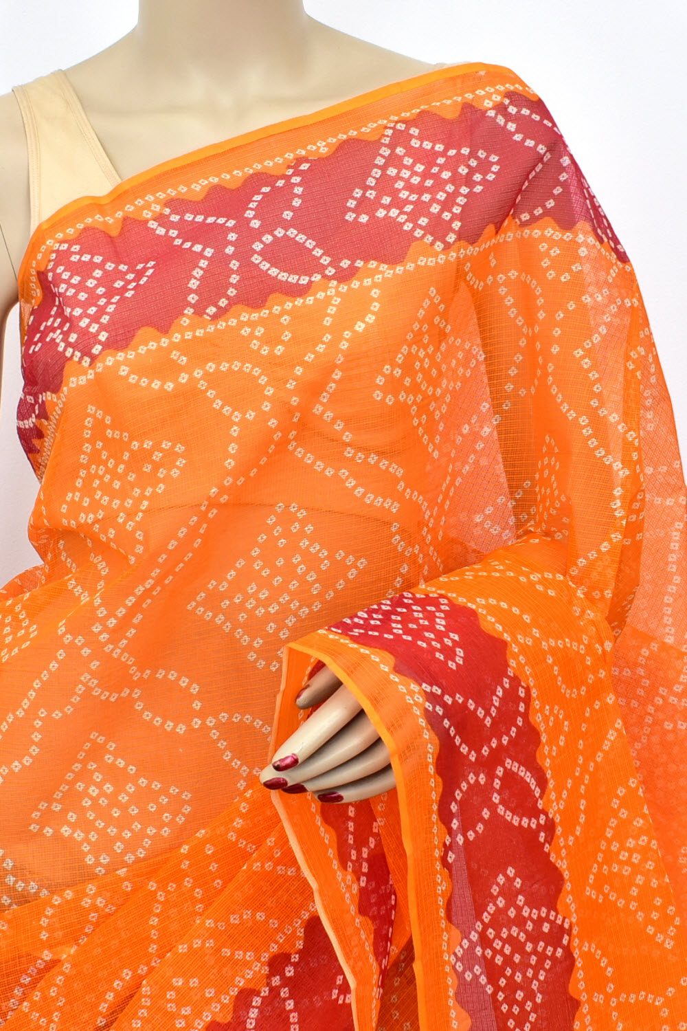 Orange Kota Doria Chunri Print Handloom Pure Cotton Saree without Blouse 15653