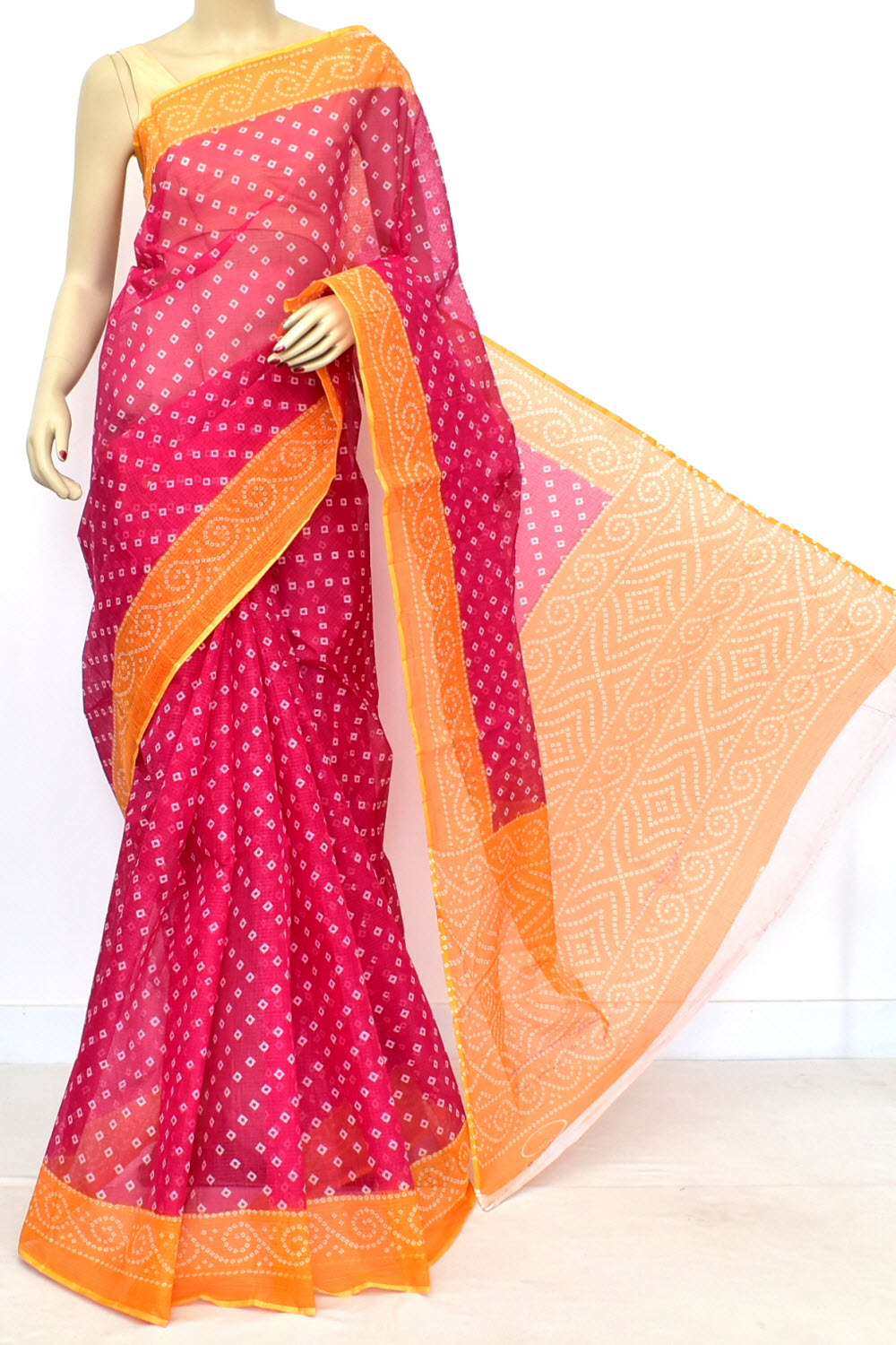 Rani Pink Kota Doria Chunri Print Handloom Pure Cotton Saree without Blouse 15654