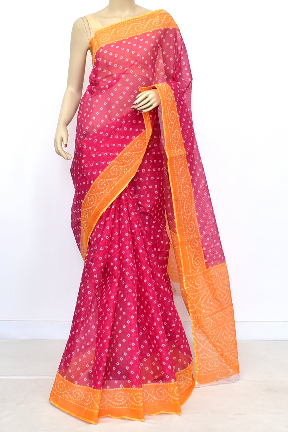 Rani Pink Kota Doria Chunri Print Handloom Pure Cotton Saree without Blouse 15654