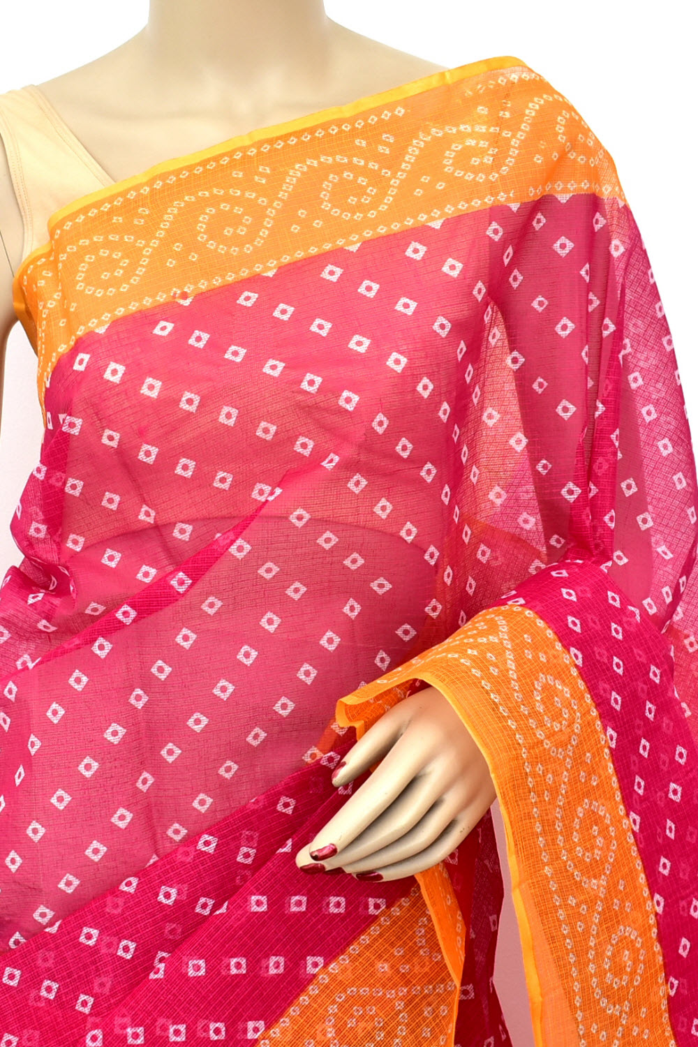 Rani Pink Kota Doria Chunri Print Handloom Pure Cotton Saree without Blouse 15654