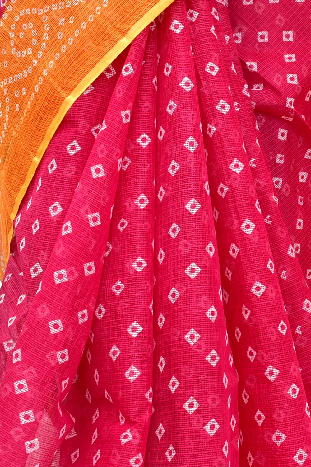Rani Pink Kota Doria Chunri Print Handloom Pure Cotton Saree without Blouse 15654