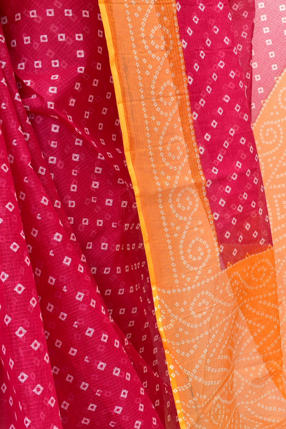 Rani Pink Kota Doria Chunri Print Handloom Pure Cotton Saree without Blouse 15654