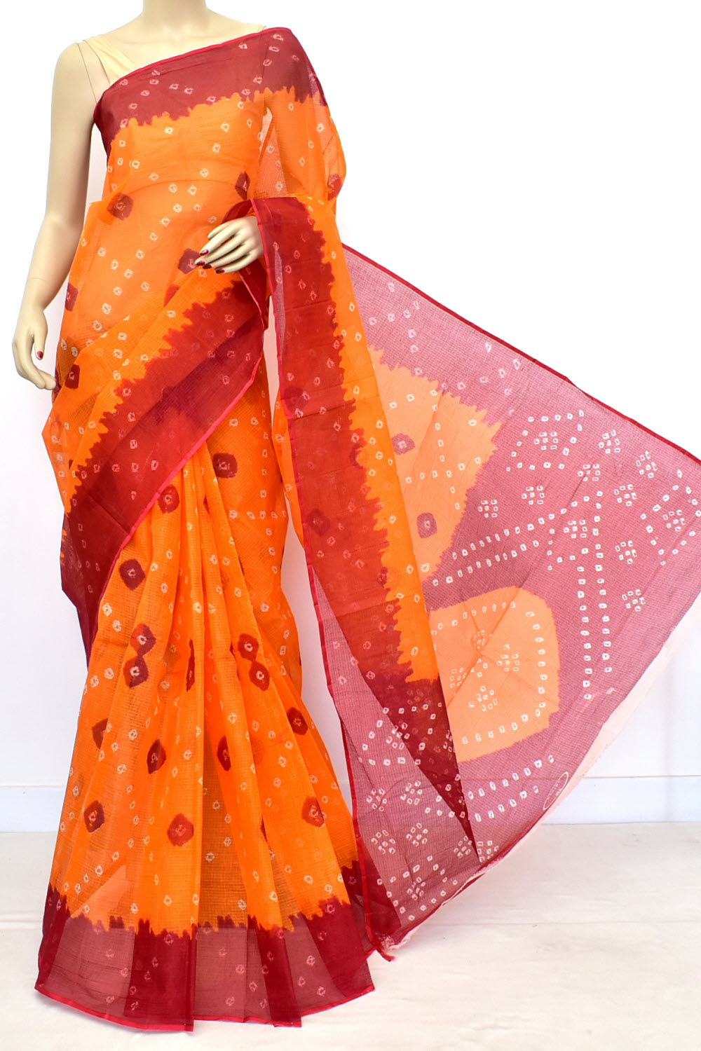 Orange Kota Doria Chunri Print Handloom Pure Cotton Saree without Blouse 15655