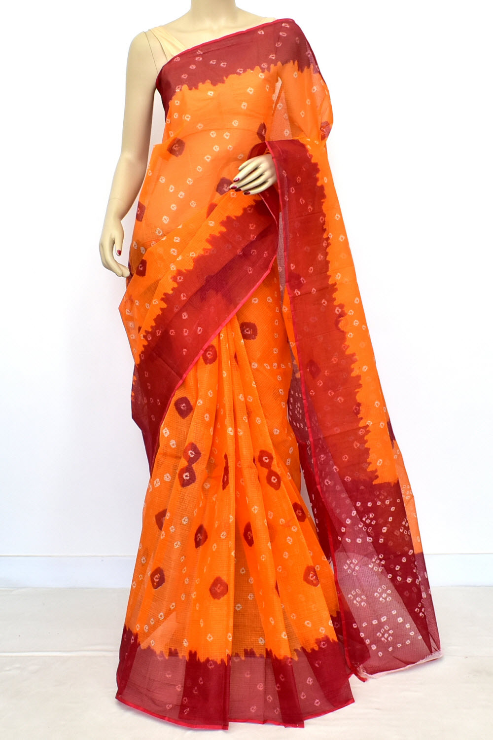 Orange Kota Doria Chunri Print Handloom Pure Cotton Saree without Blouse 15655