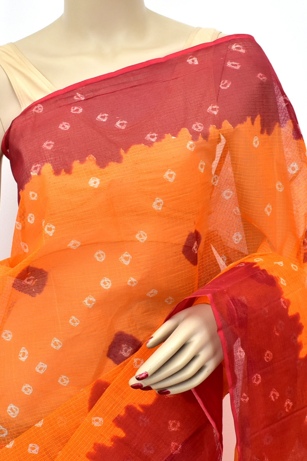Orange Kota Doria Chunri Print Handloom Pure Cotton Saree without Blouse 15655