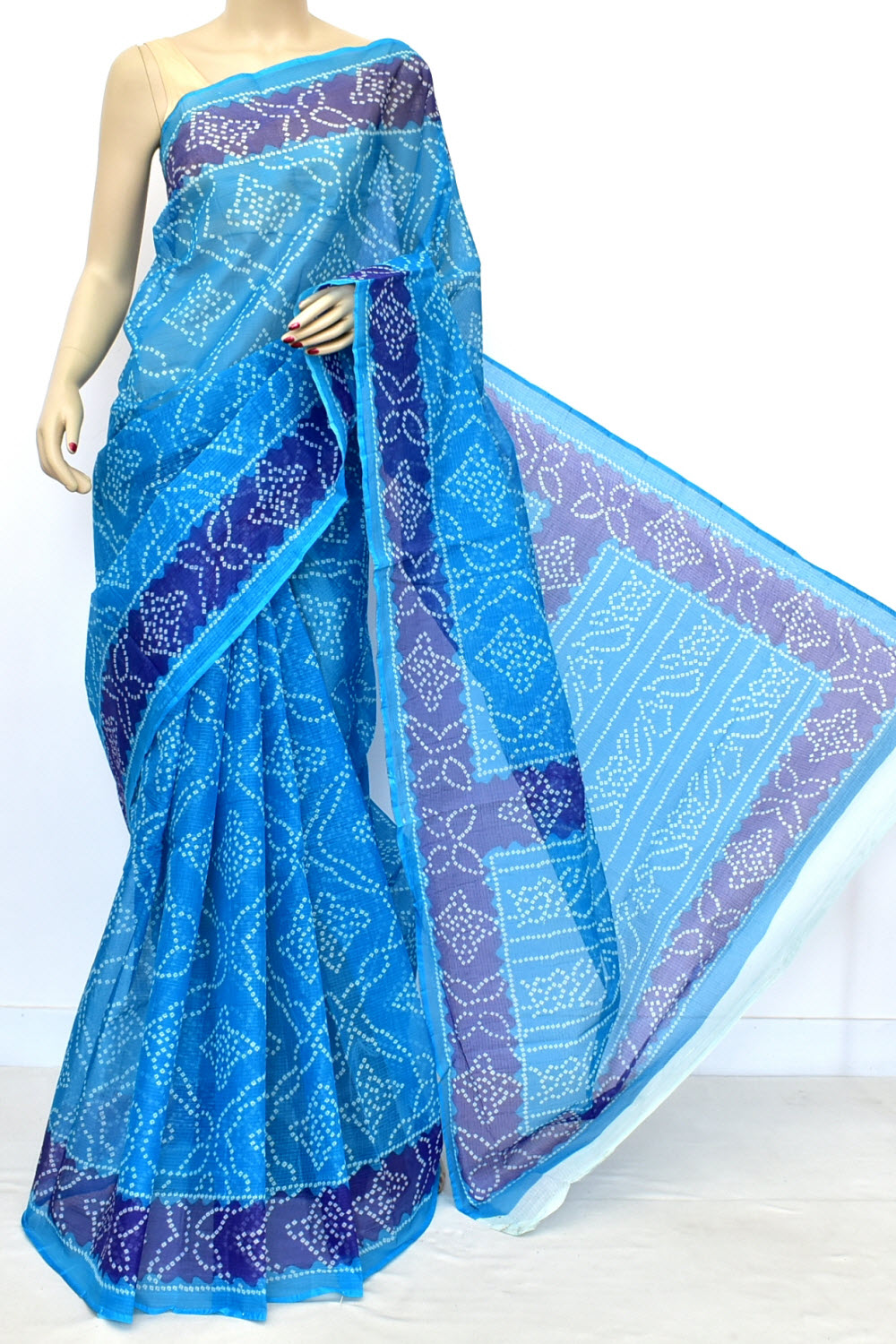 Pherozi Blue Kota Doria Chunri Print Handloom Pure Cotton Saree without Blouse 15656