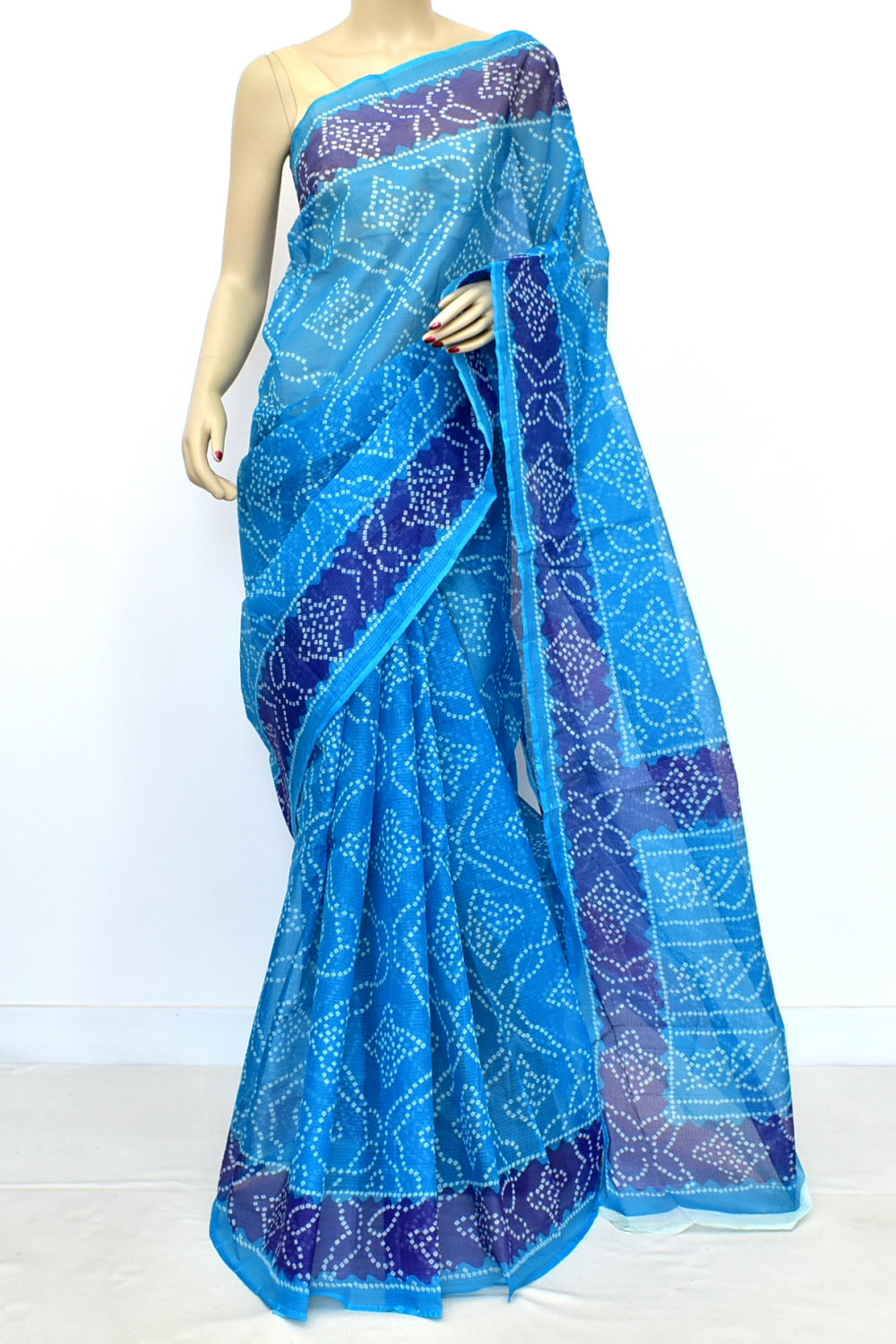 Pherozi Blue Kota Doria Chunri Print Handloom Pure Cotton Saree without Blouse 15656