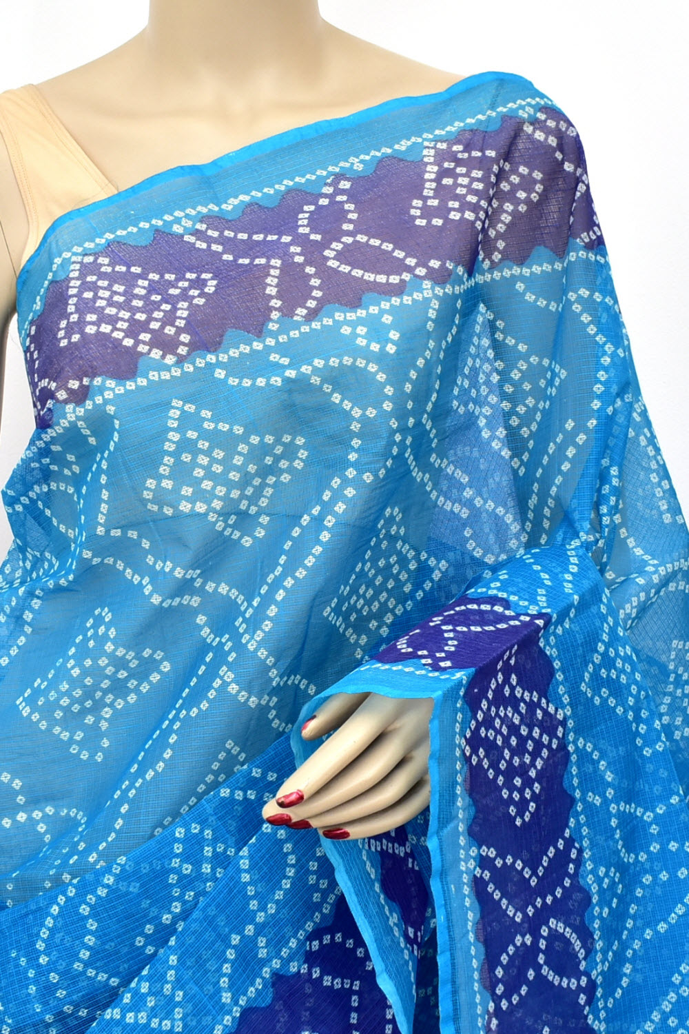 Pherozi Blue Kota Doria Chunri Print Handloom Pure Cotton Saree without Blouse 15656