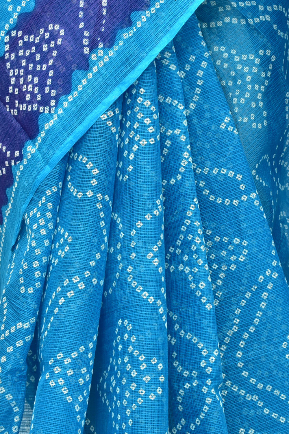 Pherozi Blue Kota Doria Chunri Print Handloom Pure Cotton Saree without Blouse 15656