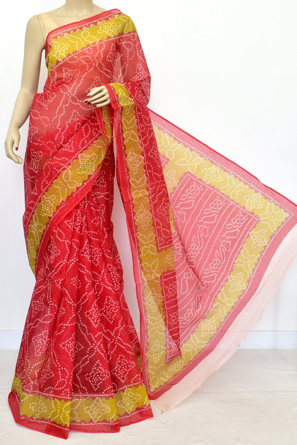 Red-Mehandi Green Kota Doria Chunri Print Handloom Pure Cotton Saree without Blouse 15657