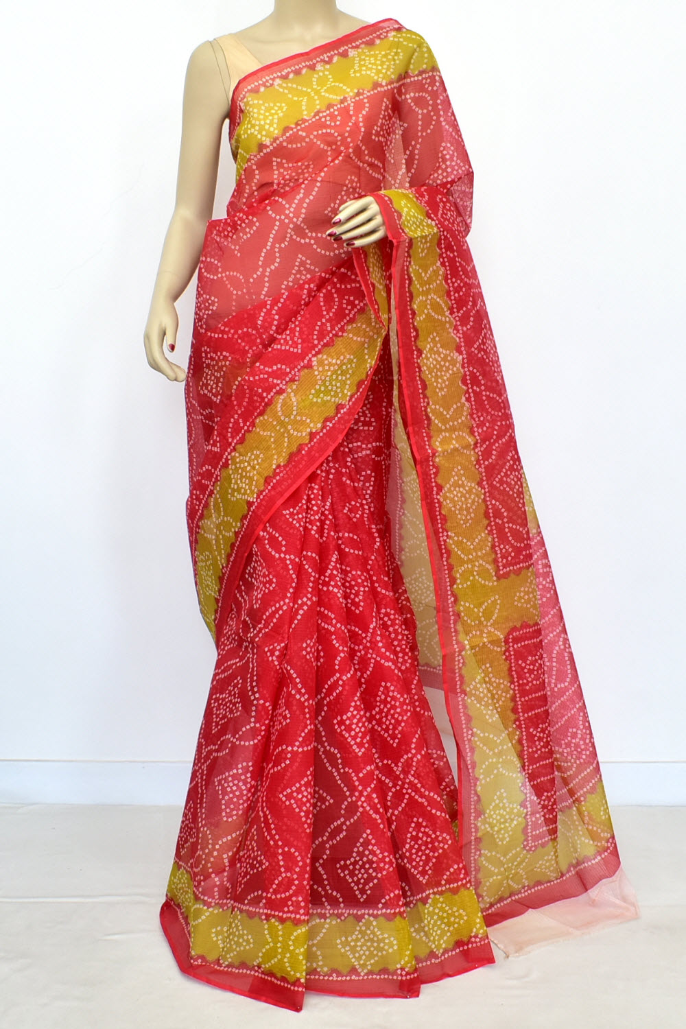 Red-Mehandi Green Kota Doria Chunri Print Handloom Pure Cotton Saree without Blouse 15657