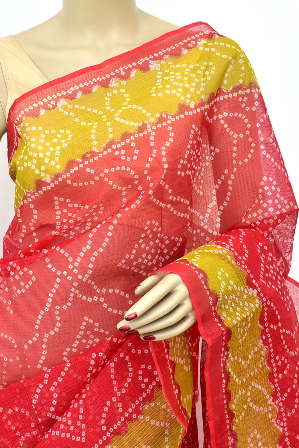 Red-Mehandi Green Kota Doria Chunri Print Handloom Pure Cotton Saree without Blouse 15657