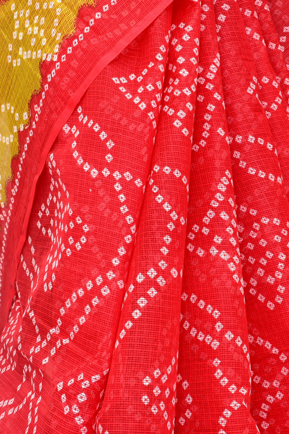 Red-Mehandi Green Kota Doria Chunri Print Handloom Pure Cotton Saree without Blouse 15657