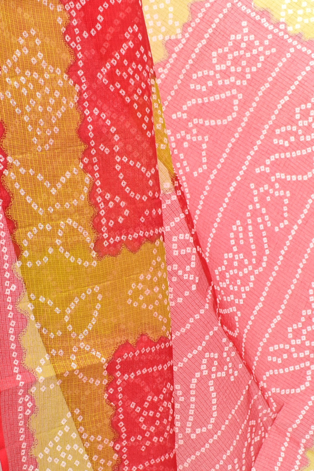 Red-Mehandi Green Kota Doria Chunri Print Handloom Pure Cotton Saree without Blouse 15657