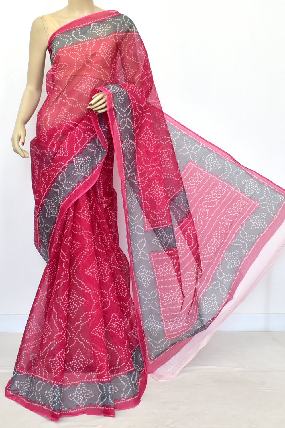 Rani Pink-Grey Kota Doria Chunri Print Handloom Pure Cotton Saree without Blouse 15658