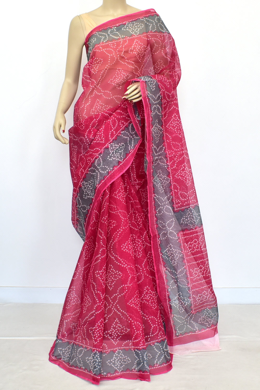 Rani Pink-Grey Kota Doria Chunri Print Handloom Pure Cotton Saree without Blouse 15658