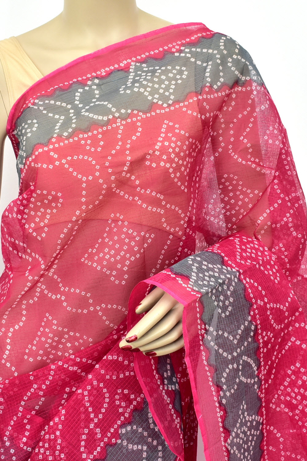 Rani Pink-Grey Kota Doria Chunri Print Handloom Pure Cotton Saree without Blouse 15658