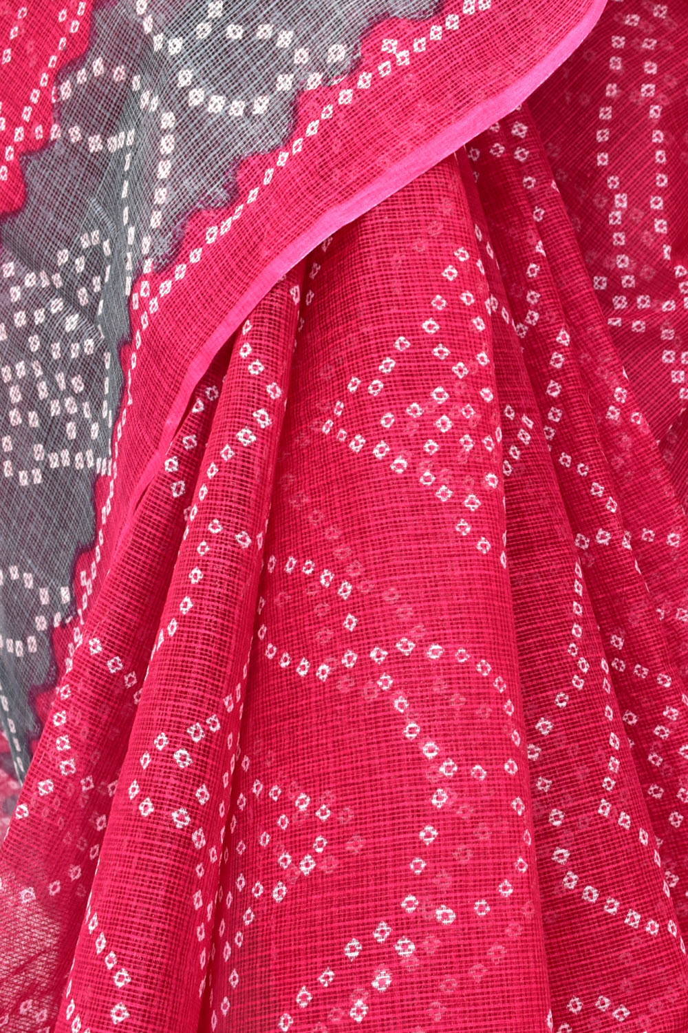 Rani Pink-Grey Kota Doria Chunri Print Handloom Pure Cotton Saree without Blouse 15658