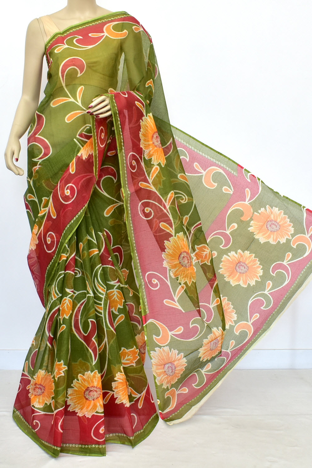 Mehandi Green-Pink Kota Doria Floral Print Handloom Pure Cotton Saree without Blouse 15659
