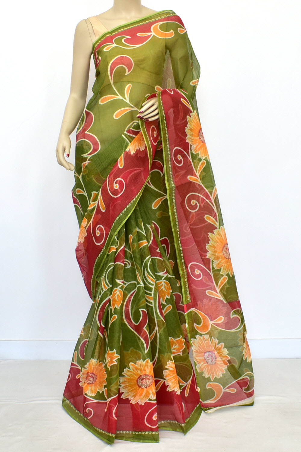 Mehandi Green-Pink Kota Doria Floral Print Handloom Pure Cotton Saree without Blouse 15659