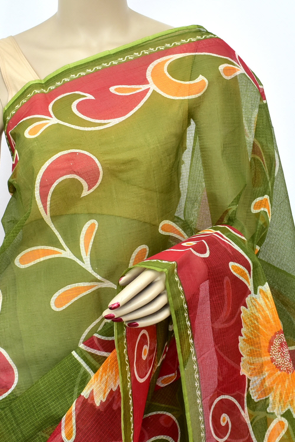 Mehandi Green-Pink Kota Doria Floral Print Handloom Pure Cotton Saree without Blouse 15659